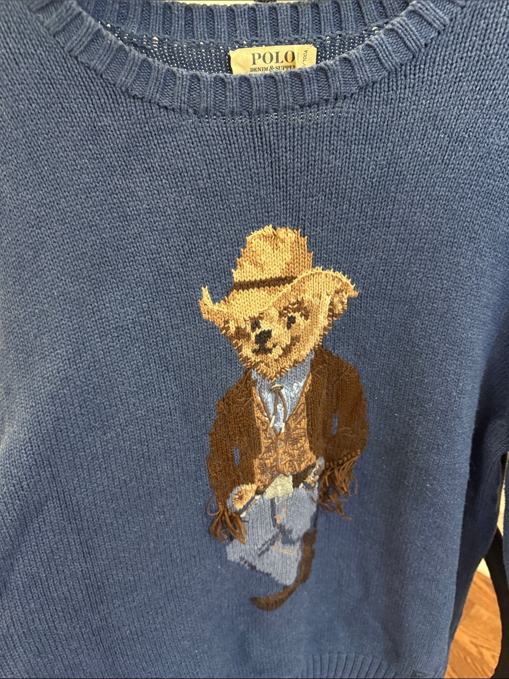 Polo by Ralph Lauren Denim Blue Crewneck Sweater with Bear Intarsia